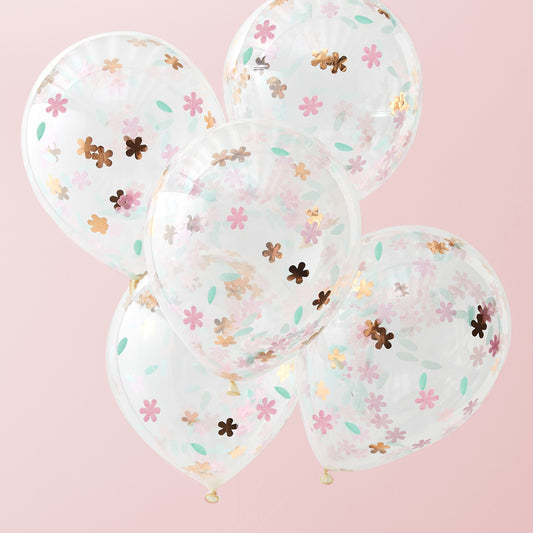 5 stk ballon m. rosaguld- og blomsterkonfetti