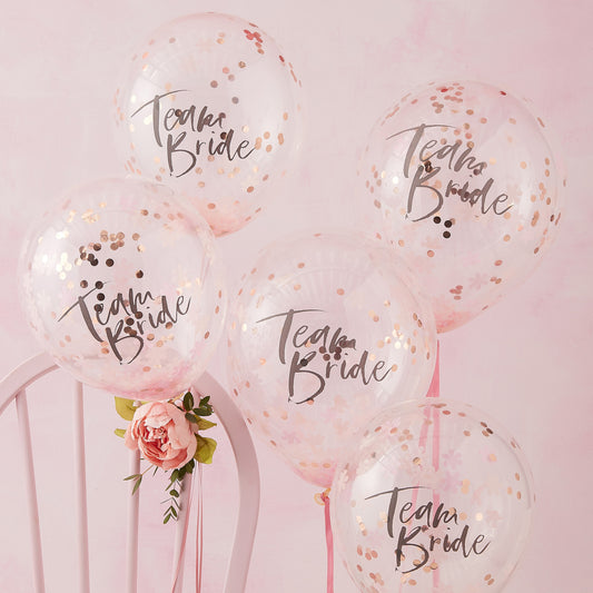 "Team Bride" lyserøde konfettiballoner, 5 stk, 30 cm